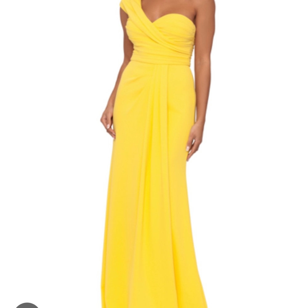 Betsy & Adam One Shoulder Yellow Dress